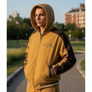 VTG Phat Farm Mens Wool Leather Hooded Varsity Jacket Camel Brown 4XL NWOT